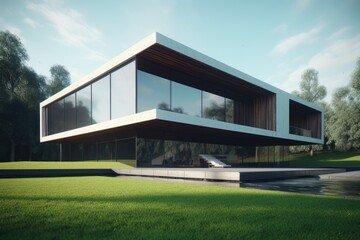 Fototapeta premium contemporary house with a serene pond in the foreground Generative AI