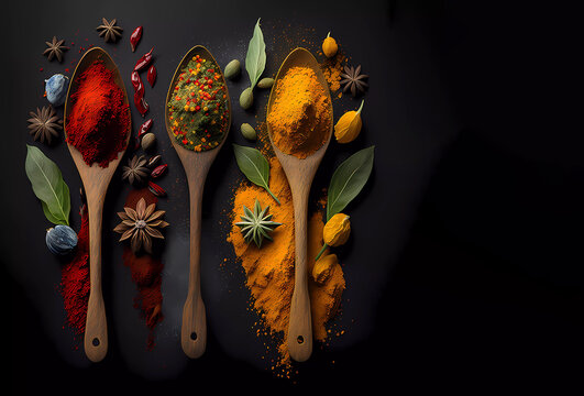 Various spices in wooden spoons on a dark background. Banner. Generative AI