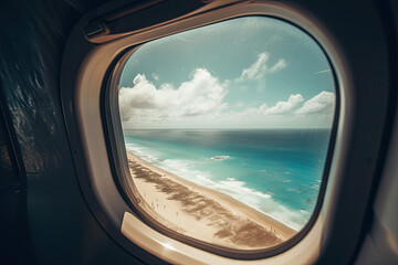 Naklejka premium View of the beach and sea the airplane window. Travel and tourism concept. Generative AI