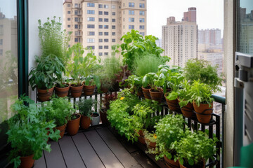 Fototapeta na wymiar A garden on a metropolitan apartment balcony with plants growing up the sides. Generative AI