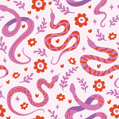 Cute seamless pattern with snake and floral elements. Vector illustration with cartoon drawings for print, fabric, textile. - 599405401