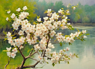 Oil paintings spring landscape, spring in the park, flowers in the water, cherry blossom in spring