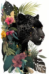 a Black Jaguar surrounded by rainforest flowers and foliage, on a white background, perfect for a t-shirt/apparel design. rainforest wildlife, Wildlife-themed. generative AI