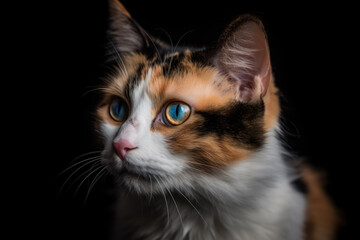 Generative AI. Portrait of a calico cat . Calico cats are domestic cats with a spotted or particolored coat that is predominantly white, with patches of two other colors