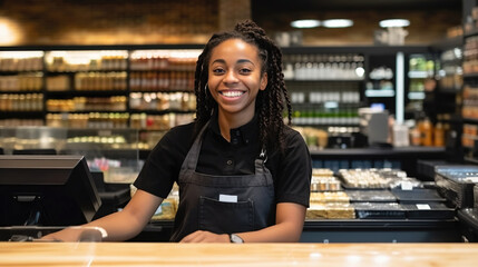 Cashier smiling, supermarket, behind the counter, checkout, diversity, positive worker, woman, generative ai - obrazy, fototapety, plakaty