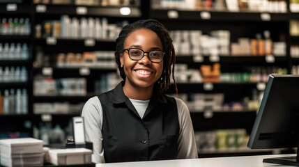 Cashier smiling, supermarket, behind the counter, checkout, diversity, positive worker, woman, generative ai