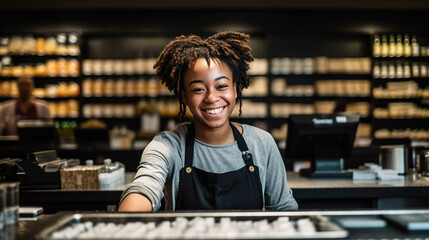 Cashier smiling, supermarket, behind the counter, checkout, diversity, positive worker, woman, generative ai