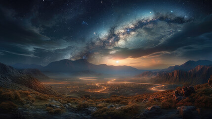 Fototapeta premium Fantasy alien planet. Mountain and nebula. 3D illustration 