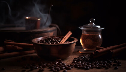 Obraz na płótnie Canvas Dark coffee bean on rustic wood table generated by AI