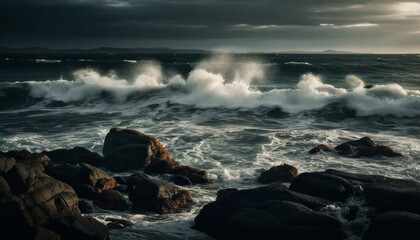 Breaking waves crash against rocky coastline at dusk generated by AI