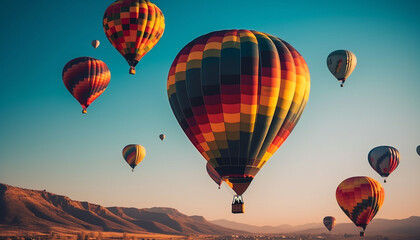 Fototapeta premium Vibrant hot air balloon soars over mountains generated by AI