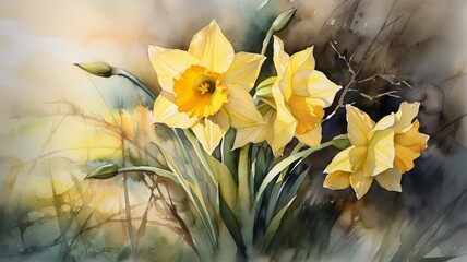 Fototapeta na wymiar Dazzling Daffodils: A Watercolor Celebration of Spring