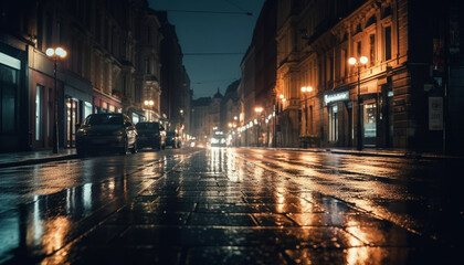 Fototapeta na wymiar Illuminated city street, blurred motion, vanishing point generated by AI