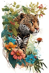 Naklejka premium a Jaguar surrounded by rainforest flowers and foliage, on a white background, creating a beautiful vignette, perfect for a t-shirt/apparel design. rainforest wildlife, Wildlife-themed. generative ai