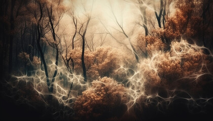 Spooky forest ablaze with fiery autumn leaves generated by AI - obrazy, fototapety, plakaty