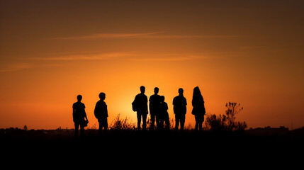 Fototapeta na wymiar Silhouettes group of friends together at sunset. Generative ai