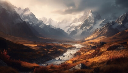 Majestic mountain peak reflects tranquil autumn sunset generated by AI