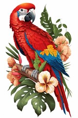a Macaw surrounded by rainforest flowers and foliage, apparel design. Preservation, rainforest wildlife, Wildlife-themed, photorealistic illustration on a white background in JPG. generative ai