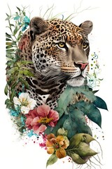 a Jaguar surrounded by rainforest flowers and foliage, on a white background, creating a beautiful vignette, perfect for a t-shirt/apparel design. rainforest wildlife, Wildlife-themed. generative ai