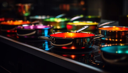 Glowing stove burner heats cooking pan for meal generated by AI