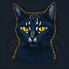 black cat with yellow eyes, Graphic, colored cute cat illustration sketch Wall sticker, Digital Vector Graphics