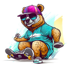 A cartoon bear wearing sunglasses and a hat sitting on a skateboard. AI generative. Generative AI