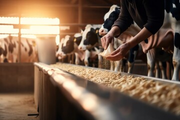 concept of agriculture, farming and animal husbandry. a herd of cows using hay in barns on a dairy farm. Generative AI