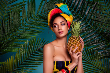 Photo of fancy jungle princess lady meet tourist bring gift juicy ananas isolated blue color...