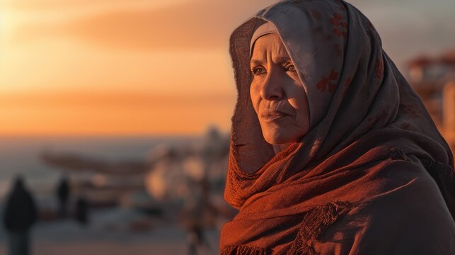 Serious Old Arab muslim woman wearing a hijab posing in a northern african city. Generative ai