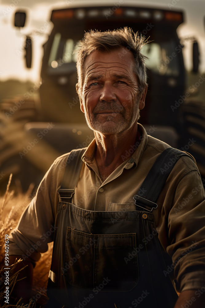 Poster a man standing in a field with a tractor behind him. ai generative. generative ai