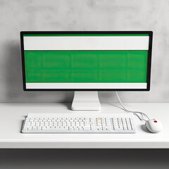 Modern white desktop computer with green screen, keyboard, mouse on working table. Copy space, mockup. AI generative art Generative AI