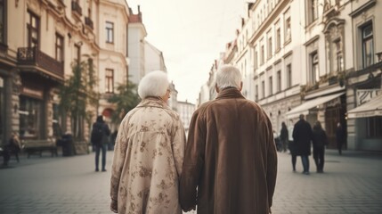 rear view of an elderly gray-haired couple, a man and a woman, walking around the city. health and family concept.parents and grandparents day. Generative AI
