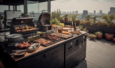  a buffet with a view of a city in the background.  generative ai