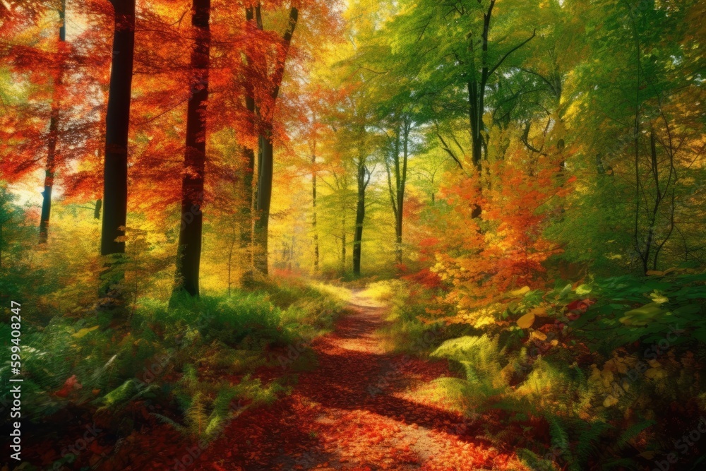 Poster serene path through a forest with lush green trees and sunlight piercing through the canopy generati