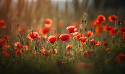 Obraz premium a field full of red flowers in the sun with a blurry background. generative ai