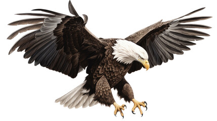 an isolated  bald eagle (Haliaeetus leucocephalus) , flying in motion and in landing position, wildlife, Wildlife-themed, photorealistic illustration on a transparent background PNG. generative ai - obrazy, fototapety, plakaty