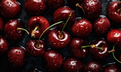 Fototapeta na wymiar a bunch of cherries with water droplets on them are shown. generative ai