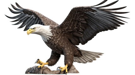 an isolated  bald eagle (Haliaeetus leucocephalus) , flying in motion and in landing on a branch,  Wildlife-themed, photorealistic illustration on a transparent background cutout in PNG. Generative AI