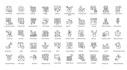 Passive Income Opportunities Thin Line Iconset Dividend Business Outline Icon Bundle in Black