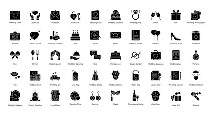 Wedding Glyph Iconset Couple Ring Event Glyph Icon Bundle in Black