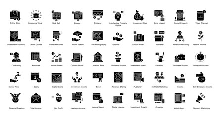 Fototapeta na wymiar Passive Income Opportunities Glyph Iconset Dividend Business Glyph Icon Bundle in Black