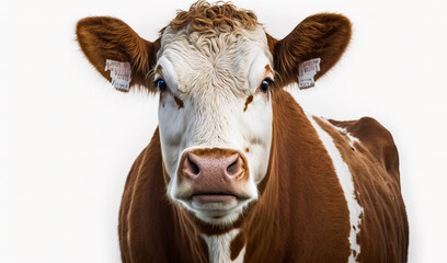 Head of an angrily-looking brown-white cow with tags in the ears. Cattle farming animal close up portrait at white backdrop. Generative AI.
