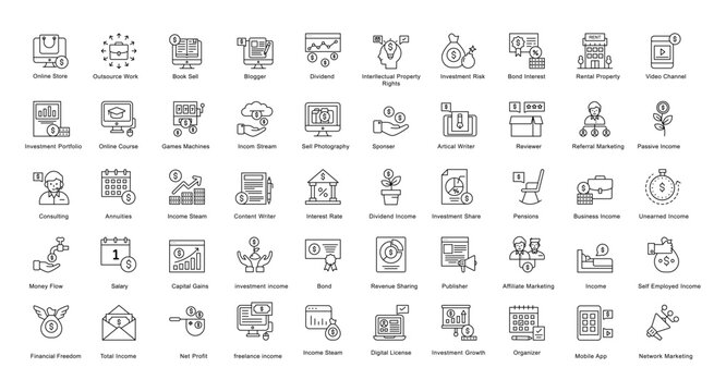 Passive Income Opportunities Thin Line Iconset Dividend Business Outline Icon Bundle in Black