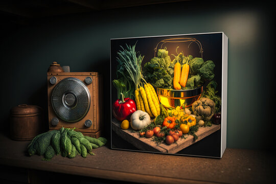 Bright image of fruit and vegetables on the wooden surface. Still life picture in the interior. Generative AI.