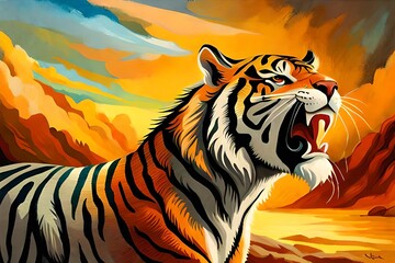 Naklejka na ściany i meble Oil painting of Tiger, Generative AI