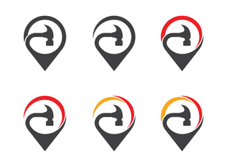 Hammer Pin Map Location Repair Logo Concept symbol sign icon Design Element. Home Repair, House, Construction Building Logotype. Vector illustration template