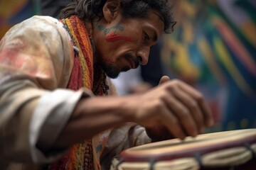 Fototapeta na wymiar Close up shot of indigenous man playing Timpani drums. Generative AI