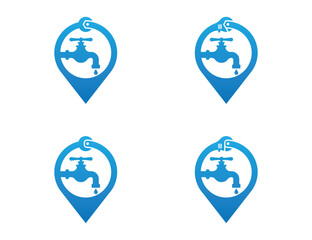 Plumbing Service Point Location Logo Concept symbol icon sign Design Element. Wrench and Water Faucet with Pin Map Location Logotype. Vector illustration template