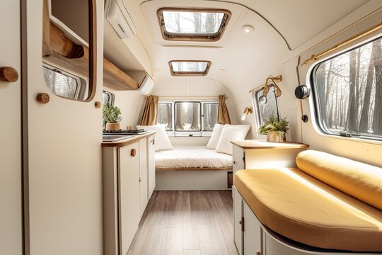 Luxury interior design of modern motorhome. Generative AI