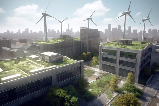 Eco buildings with wind turbines, trees and solar panels in the roof. Generative AI